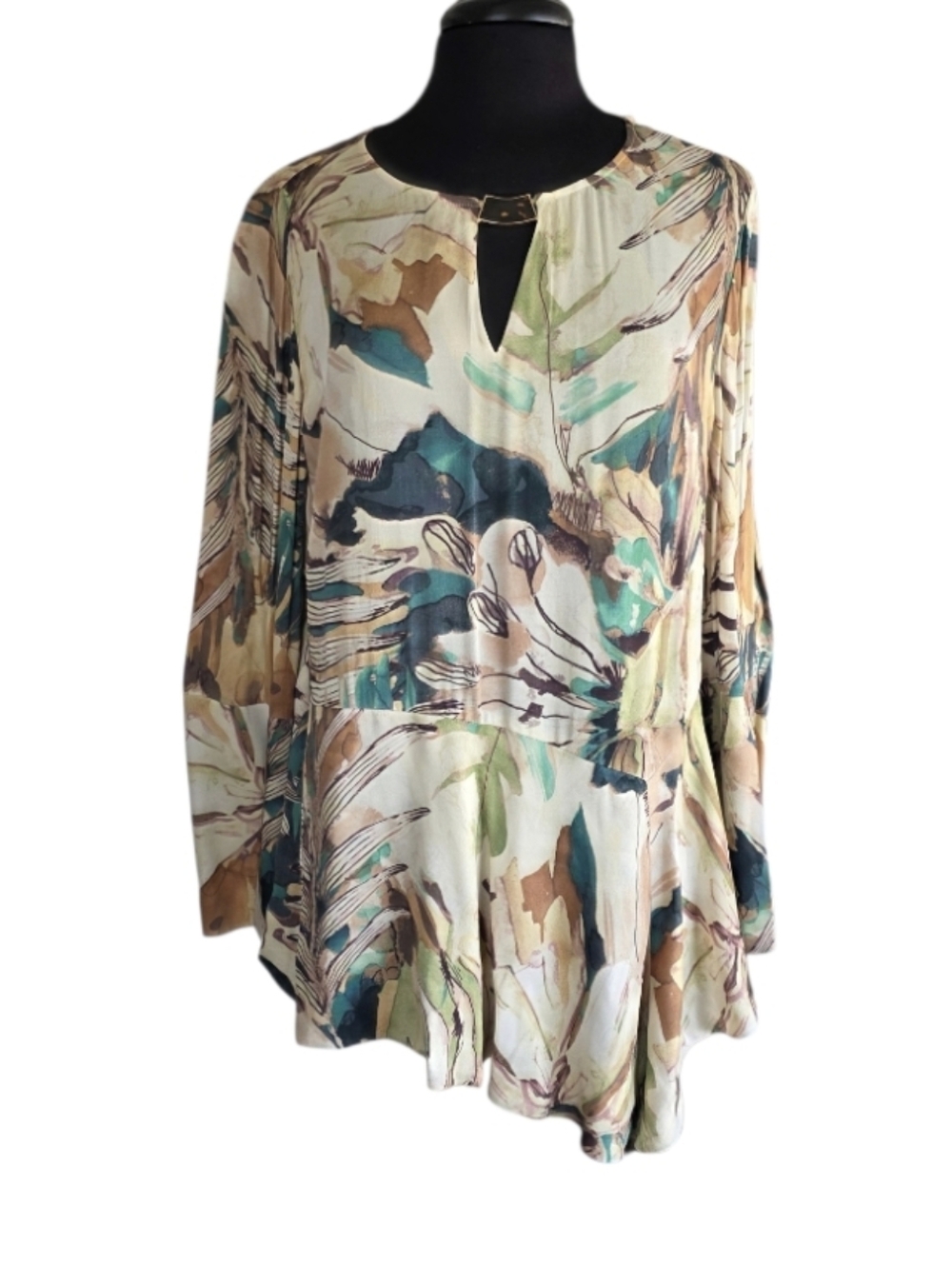 Black Label By Chico's L Abstract Watercolor Tunic - Cream, Teal & Brown Satin
